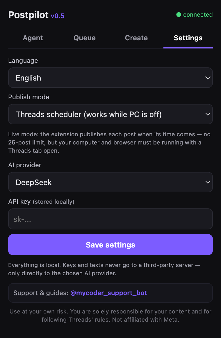 Postpilot — Your key, your provider, all local