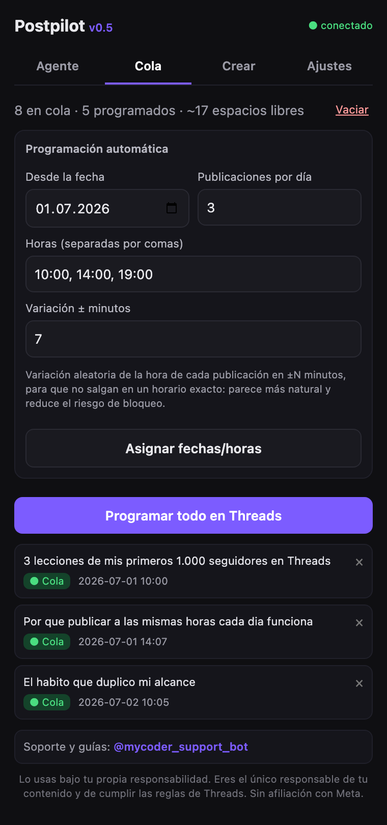 Postpilot — Cola y programación con variación