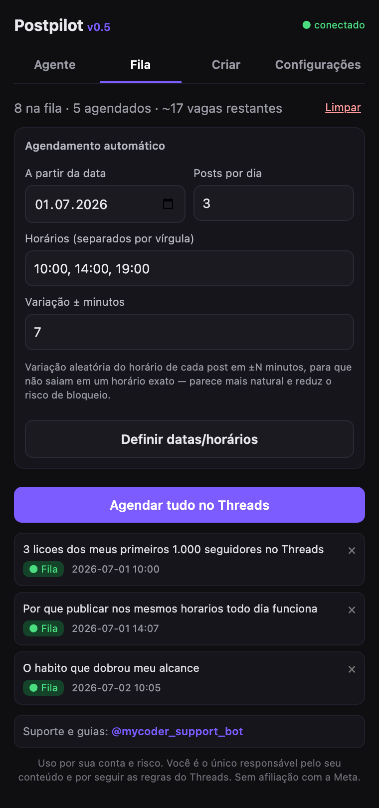 Postpilot — Fila e agendamento com variação